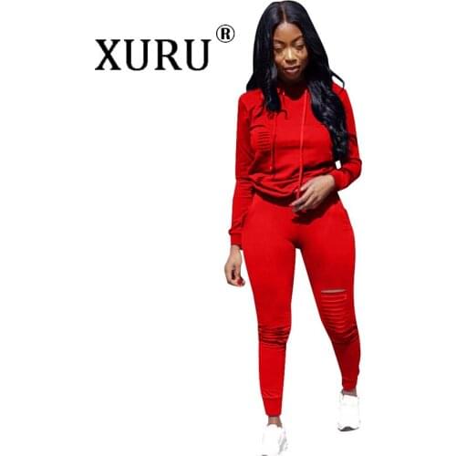 XURU Autumn and Winter New Style European and American Womens Jumpsuit Pure Color Sports Burnt Hooded Jumpsuit Two-piece Suit