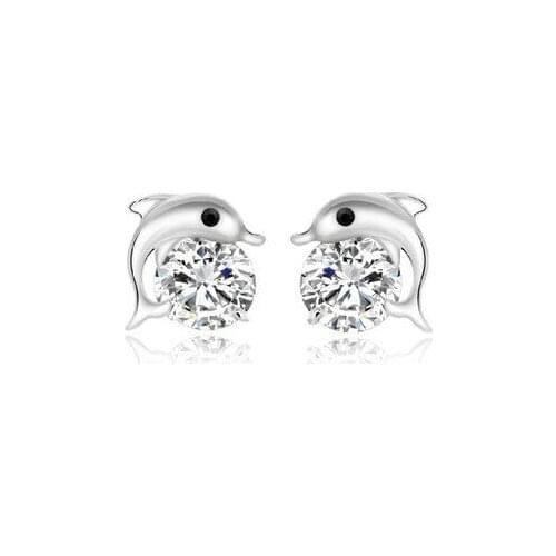 2016 New Arrival fashion shiny zircon crystal Dolphins love 925 sterling silver ladies`stud earrings wholesale jewelry gift