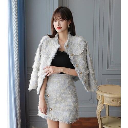 England Style Womens Two Piece Set Tassel Woolen Tassel Tweed Jacket+Sexy Bag Hip Skirt Suit 2020 Fall New 2 piece set women