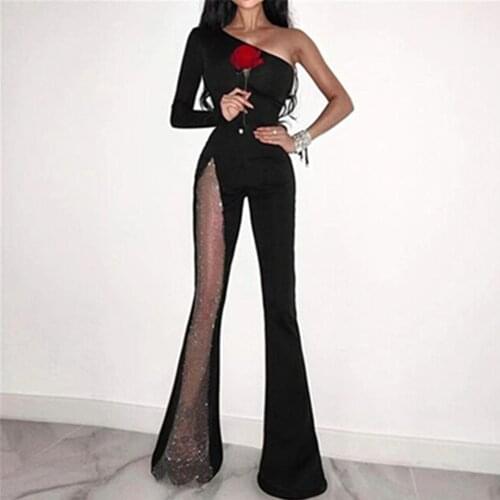 Women Winter Sexy Long Sleeve One Shoulder Diamonds Crystal Black Bandage Jumpsuit 2021 Celebrity Designer Bodycon Rompers