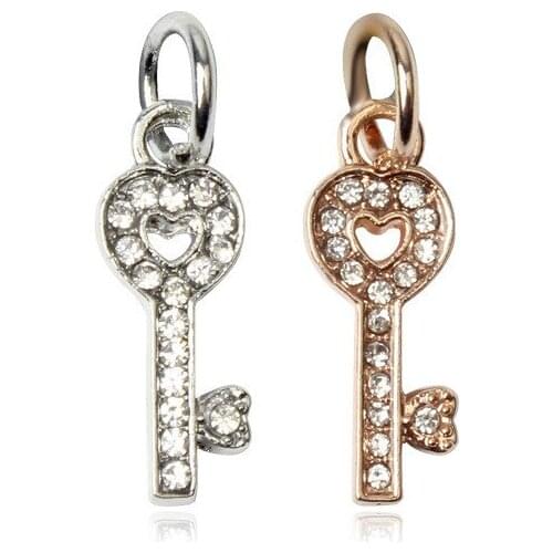 5PCS New Rose Gold/Silver Plated Metal Heart Key Charm White Crystal Bead Pendant Fit DIY Women Bracelet Choker Jewelry Making