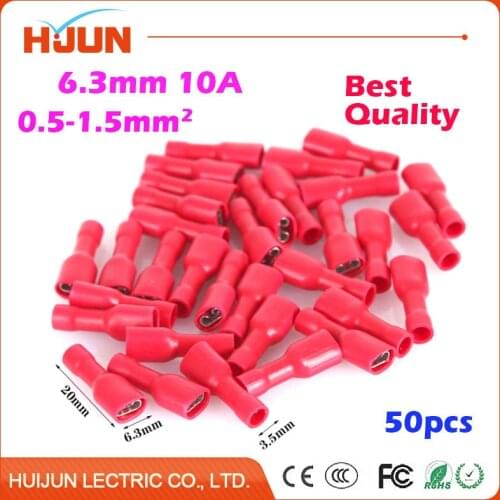 50pcs 6.3mm Red Female Splice Crimp Terminal Fully Insulated Wire Cable Connector Electrical Spade