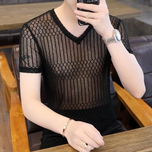 Summer Korean Slim T Shirt Mesh V-neck Short Sleeve T-shirt Transparent Tshirt For Men Sexy Social Club Outfits Tee Shirt Homme