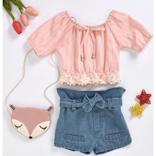 Toddler Cute Baby Kids Girls Summer Fashion Clothes Sets Off Shoulder Striped Linen Cotton T-shirt Tops+ Denim Shorts Outfits