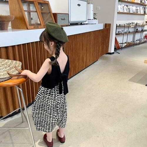 Girls' Suit Backless Back Slit Short Top plus Wide Leg Cropped Pants 21 Summer New Childrens Clothing