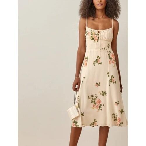 Summer Womens Casual Flower Printed Bowknot Decorated Slim Sling Dress