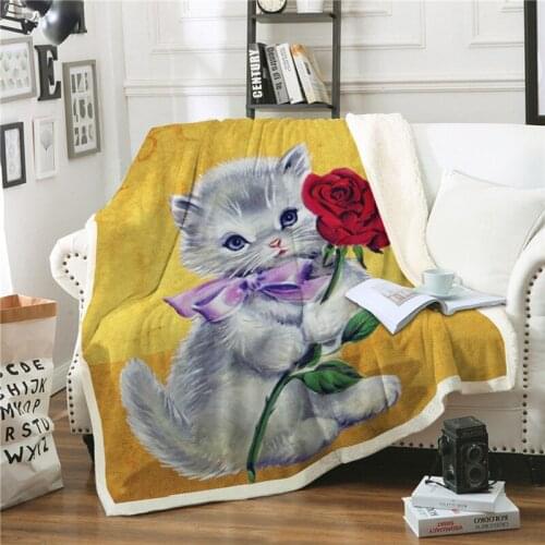 Fashionable Blanket Sofa bed covered with cartoon pet cat flower rose soft and warm winter Sherpa wool Plush bed sheet children