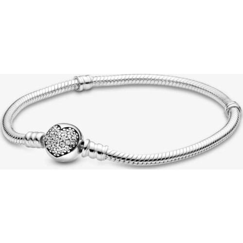 Moments Sparkling Heart Clasp Snake Chain Bracelet Argent 925 Sterling Silver Bracelets for Women DIY Jewelry Gift Wholesale