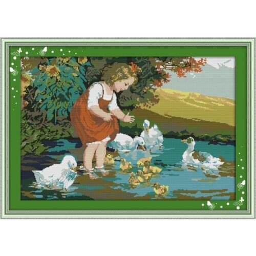 Cross Stitch Kit Pick The Little Girl and Ducks In Pool 14ct 11ct Count Printed Canvas Stitch Embroidery Handmade Needlework Set