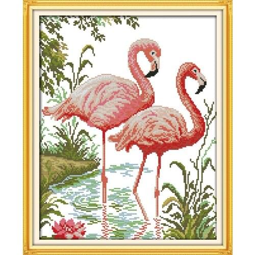 Two flamingos cross stitch kit 14ct 11ct pre stamped canvas cross stitching animal lover embroidery DIY handmade needlework