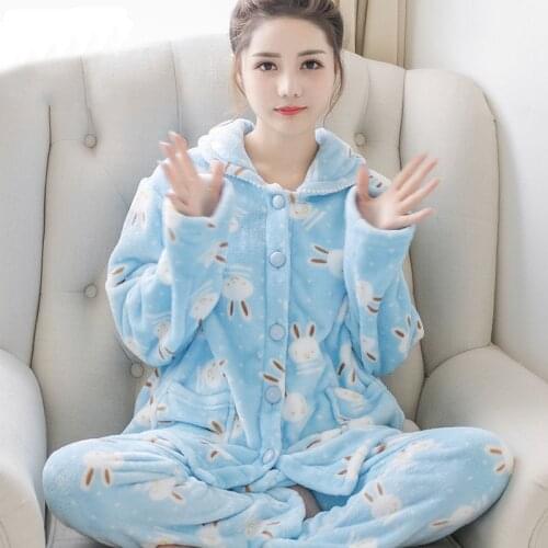Night Wear Women Set Pijama for Winter Lapel Cardigan Long Sleeve Cartoon Sleepwear Flannel Pjamas Womens Warm Pajamas