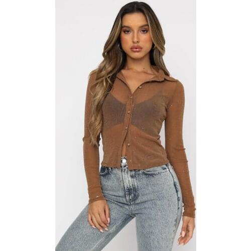 2021 New Autumn Female Shirt Solid Color Turn-Down Collar Long Sleeve Tops See-Through Blouse for Adults Women S/M/L/XL