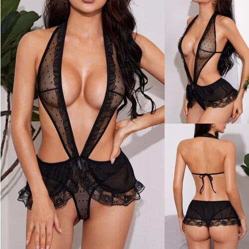 New Sexy Women Lace Deep V-Neck Lace Bodysuit Thong Jumpsuit Lingerie Pajamas Lace Hollow See-through Backless Underwear