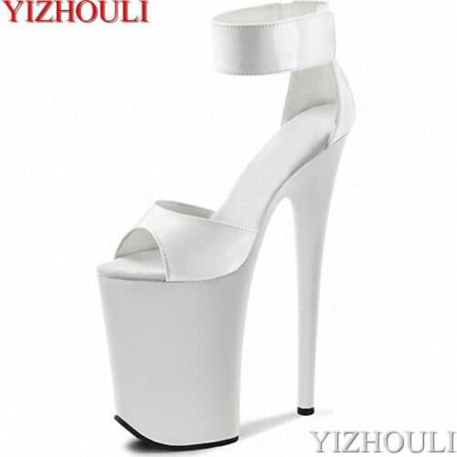 Sexy pole dancer with 23cm stiletto heels, bare foot strap, 9in super-high heel sandals, model stage shoes