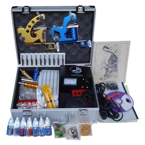 Complete 2 top tattoo machine cosmetic permanent makeup gun needles tip grip power kit with carry box