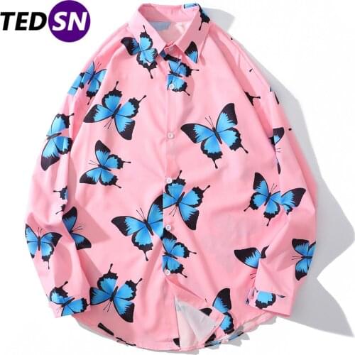 Hip Hop Butterfly Print Casual Shirts 2020 Autumn Harajuku Streetwear Oversized Shirt Outwear Fashion Loose Cotton Long Sleeve