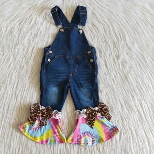 Promotion Jeans for Baby Girls Denim Overalls Tie Dye Bell Bottom Leopard Bowknot
