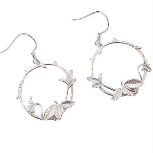 Fine 925 Sterling Silver Hook Earrings Elegant Leaves Big Circle Pedant Fresh Earrings INS Hot Sale Jewelry for Women Girl SE091