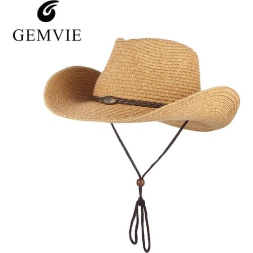 GEMVIE Western Cowboy Sun Hat Wind Lanyard For Men Women Wide Brim Straw Hat Beach Cap Panama Fishing Fisherman Cap Summer Hats