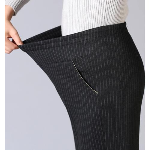 Women Spring Autumn Black Trousers Plus size Loose Stretch waist Middle-aged ladies Straight pants Casual pants Striped XL-5XL