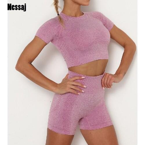 Nessaj Seamless Gym Set Workout Clothes Women Short Sleeve Crop Tops Fitness Shorts Sports Wear Gym Clothing Athletic Sport Set