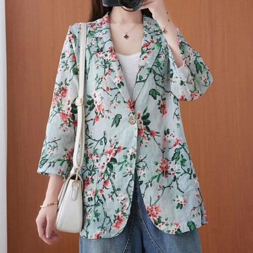 Women Cotton Linen Casual Blazer Jackets New Arrival 2021 Autumn Vintage Style Floral Print Loose Ladies Elegant Coats B825