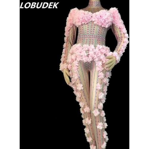 Adult Women Stage Costume Pink Flowers Crystals Jumpsuit Stretch Rhinestones Bodysuit Nightclub Singer DJ DS Performance Outfits