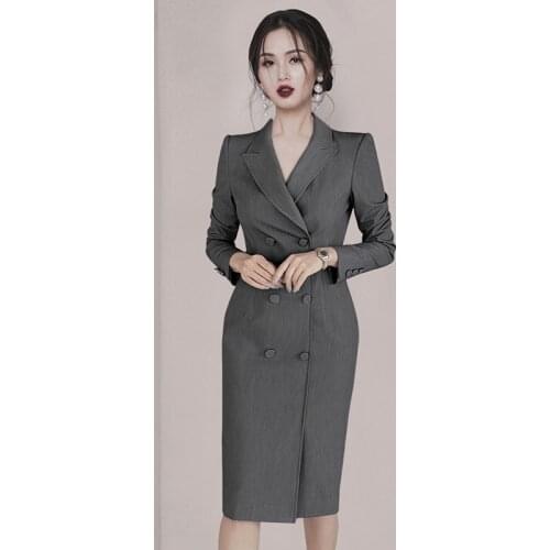 New Arrival OL Office Work Long Dresses for Women Double Breasted Corset Long Sleeve Blazer Dress Woman with Belt Autumn Dresses