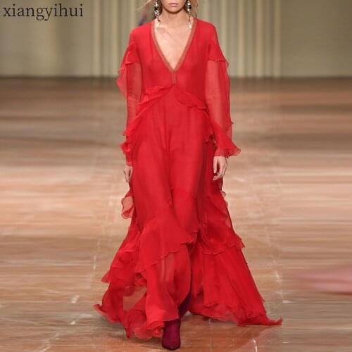 2020 Autumn Red Vintage Women Chiffon Long Dress V-neck Ruffled Party Dresses Fashion Womens Long Sleeve Asymmetrical Dress