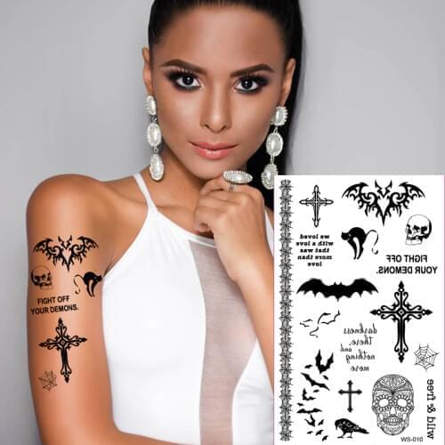 1sheet 2019 new Halloween tattoo Mischief Night vampire bat black cat skull flower arm tattoos stickers body art costume party