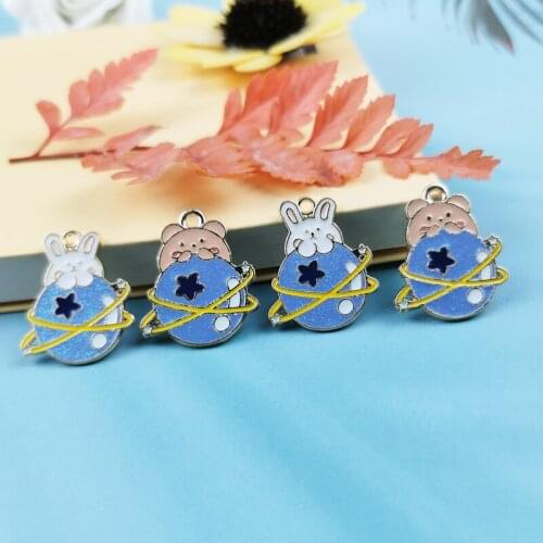 10pcs Cute Enamel Planet Bunny Bear Charm For Jewelry Making Earring Pendant Fashion Charm Bracelet Charm Animal Pendants