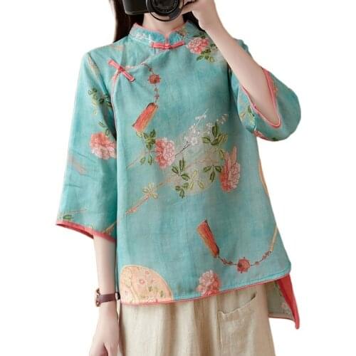 2021 traditional chinese clothing top retro flower print hanfu top women tops elegant oriental tang suit chinese blouse V2110