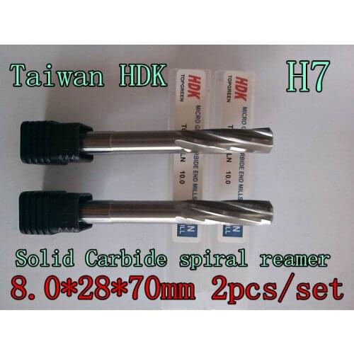 8.0*28*70mm 6 flutes 2pcs/set Taiwan HDK Solid Carbide spiral reamer Chucking Reamer Precision H7 +0.005-0.012mm