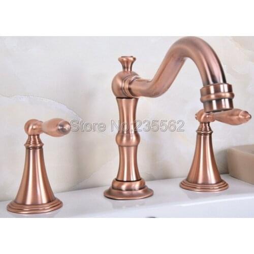 Antique Red Copper 3 Hole Widespread Bathroom Basin Faucet Deck Mounted Vessel Sink / Bathtub Dual Handle Mixer Taps lr074