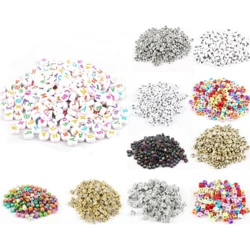 100PCS 6*6/4*7mm Random Mixed White Russian Letters Alphabet Acrylic Cube Loose Spacer Beads For Kid DIY Jewelry Making