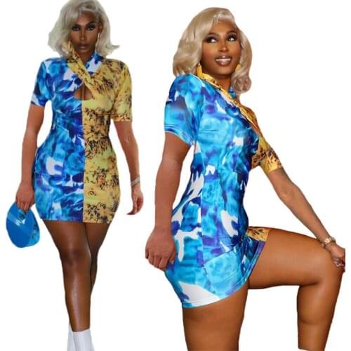 Digital Print Sexy Cross Halter Women Skinny Women Short Dresses