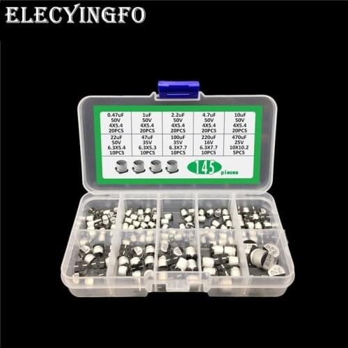 SMD Electrolytic Capacitor kit 16V~50V 0.47uF-470uF 1uF 2.2uF 10uF 22uF 47uF 100uF 220uF 10 Values total 145pcs With Box