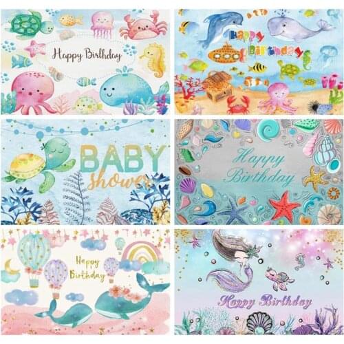 Underwater World Seaweed Dolphin Mermaid Fishes Starfish Conch Shell Photography Backdrops Photo Backgrounds Birthday Photocall