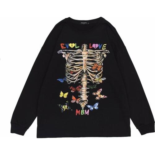 Cotton Skull Print Round Neck Loose Long-sleeved Hoody Mens Sweater Harajuku Sweater Long-sleeved Sweater Mens Hip-hop Top
