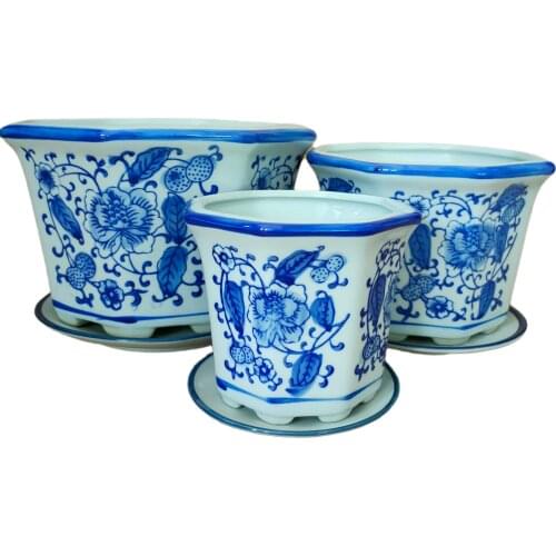Classical Hand Paint Flower Design Ceramic Planter Blue and White Porcelain Flower Pot Set of 3