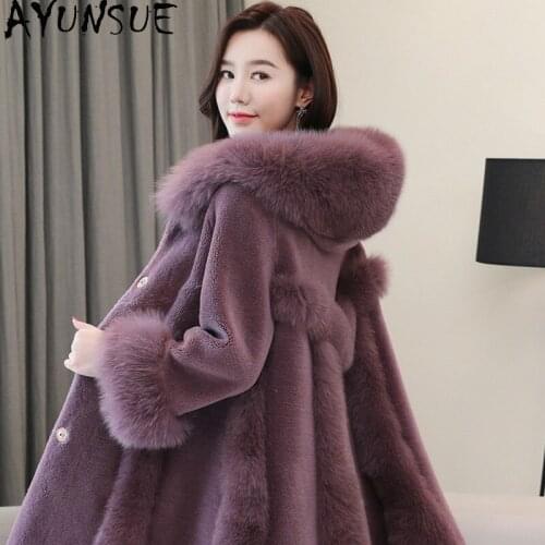 AYUNSUE 2021 Winter Jacket Women Hooded Lamb Fur Coat Long Real Fox Fur Collar Coats Long Skirt Sheep Shearing Womens Clothing