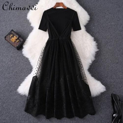 Summer Womens Clothing Fashion Elegant Black Knitted Top Lace High Waist Slimming Suspender Skirt Elegant Commute Casual Outfit