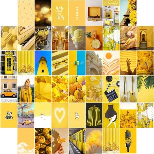 50Pcs Literary Style Small Fresh Yellow Theme Series Wall Collage Set Cheerful Bright Postcard Wall Paper Decoration Stickers
