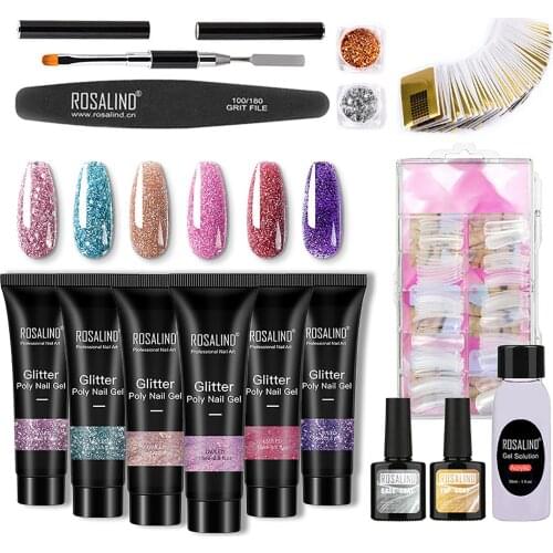 Glitter Diamond Nail Gel Set Nail Crystal Extender Set With 6 Extension Gel,Base Gel,No Wash Top Coat,Nail Powder,Paper Tray
