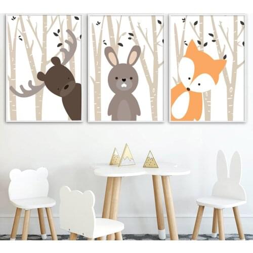 Cartoon Forest Deer Rabbit Fox Nordic Posters And Prints Wall Art Canvas Painting Nursery Wall Pictures Baby Girl Boy Room Decor