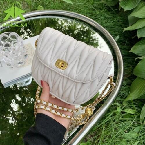 Luxury Fashion Women Crossbody Bags Pleated Semicircle Saddle Bags Soft Leather Shoulder Bags For Ladies Button Chain Handbags