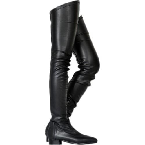 Thigh High Boots Black Leather Over The Knee Stretch Boots Crossdresser Shoes Woman Custom-made Plus Size 50 Botas Feminina Boot