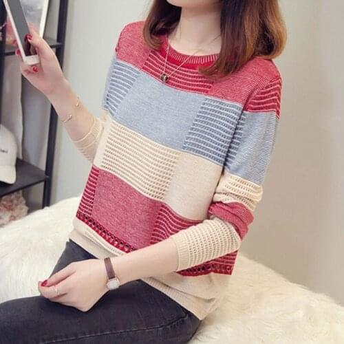 Harteen Spring Autumn Women Korean All Match Loose Striped Long Sleeve Hollow Sweater Pullover Women Clothes Thin Knit Top Femme