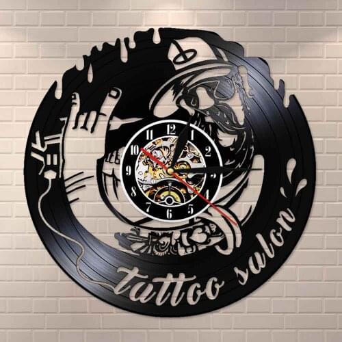 Tattoo Salon Inauguration Decorative Wall Clock Tattoo Studio Business Sign Vintage Vinyl Record Wall Clock
