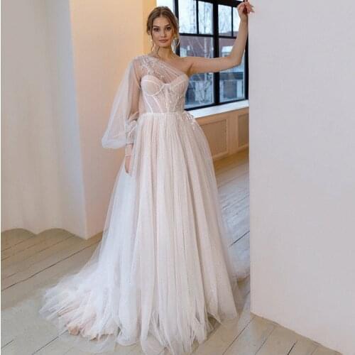 Unique Plus Size One Shoulder Wedding Dresses 2021 Lace Wedding Gowns Beach Glitter Tulle Bridal Dress Corset Casamento